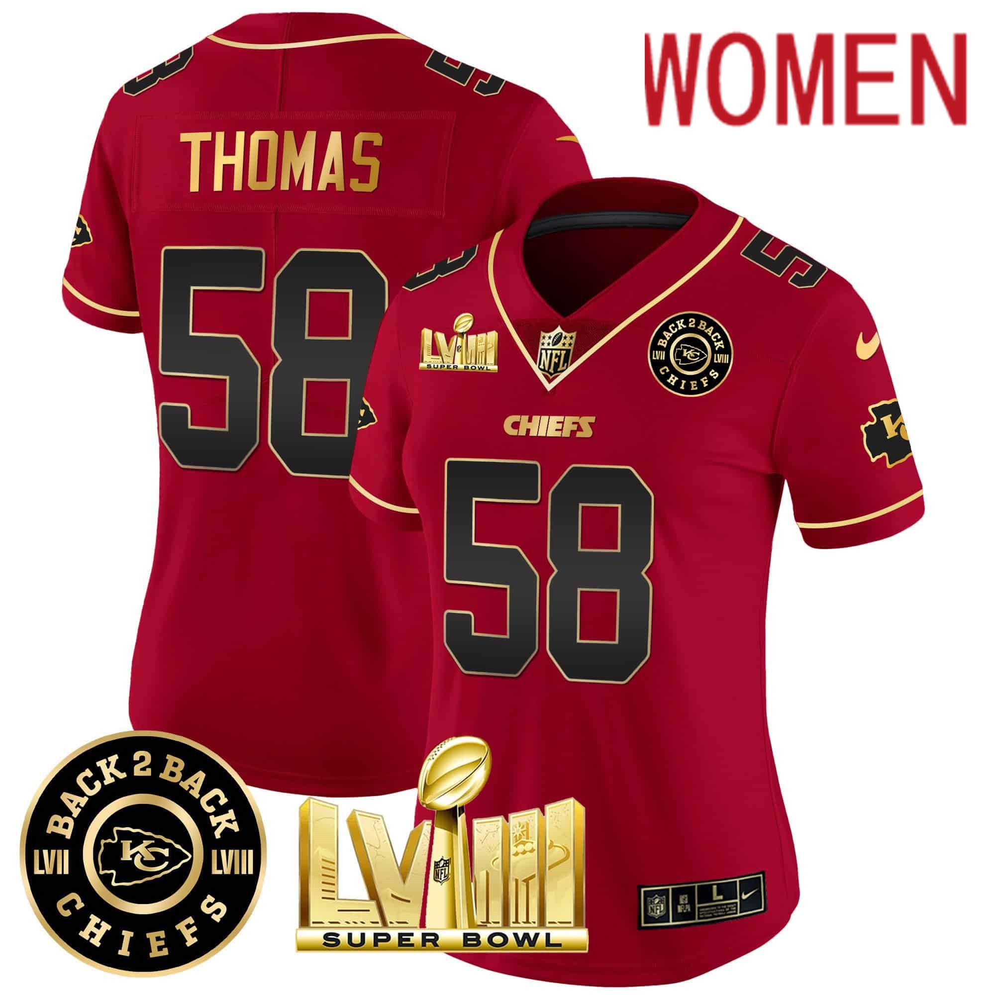 Women Kansas City Chiefs #58 Thomas Red 2024 Nike Super Bowl LVIII & Back-2-Back Patch Vapor NFL Jersey style 2